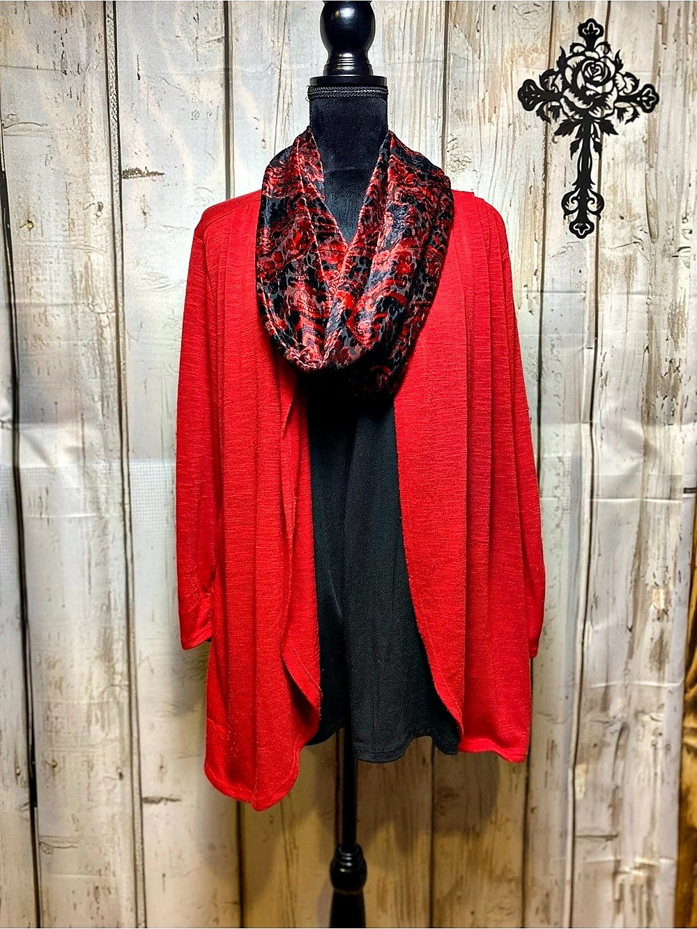 Kim Rogers Red Black Paisley Scarf Cardigan Size 2X